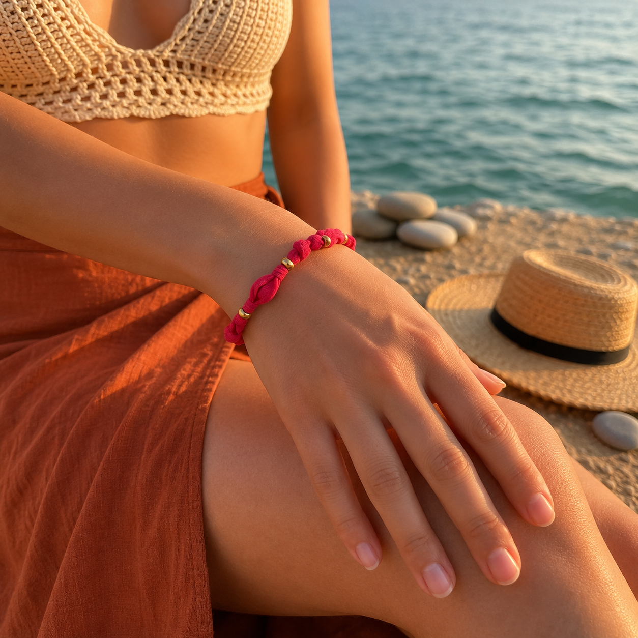 Bracelet Cordon Rouge Tressé & Perles Dorées