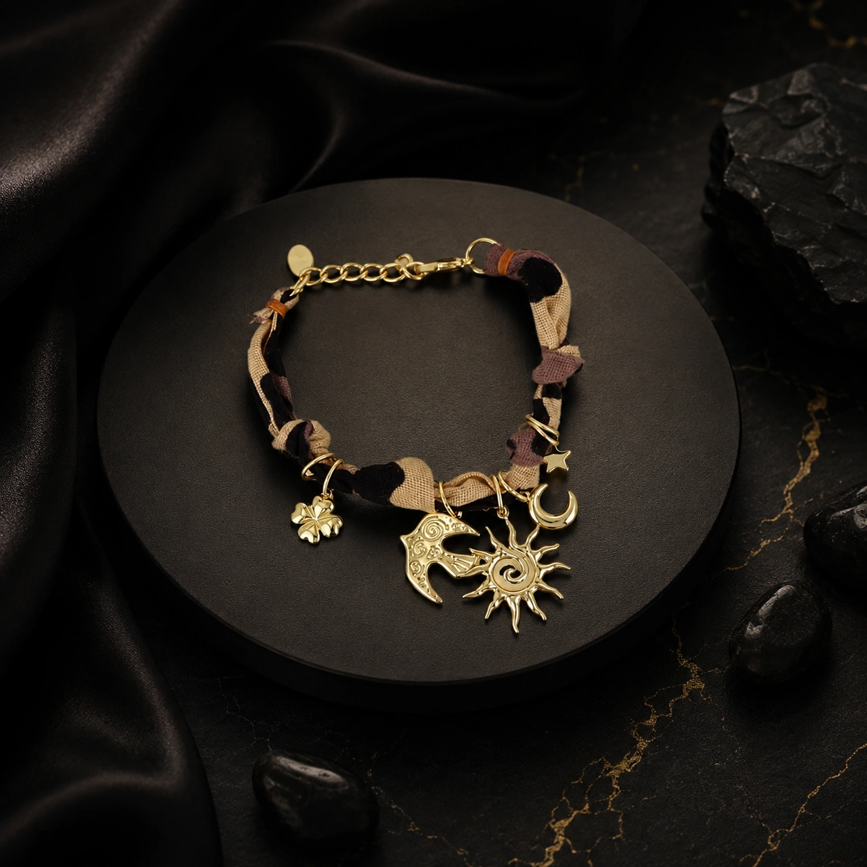 Bracelet Ruban Léopard à Breloques Célestes (16 + 3 cm)
