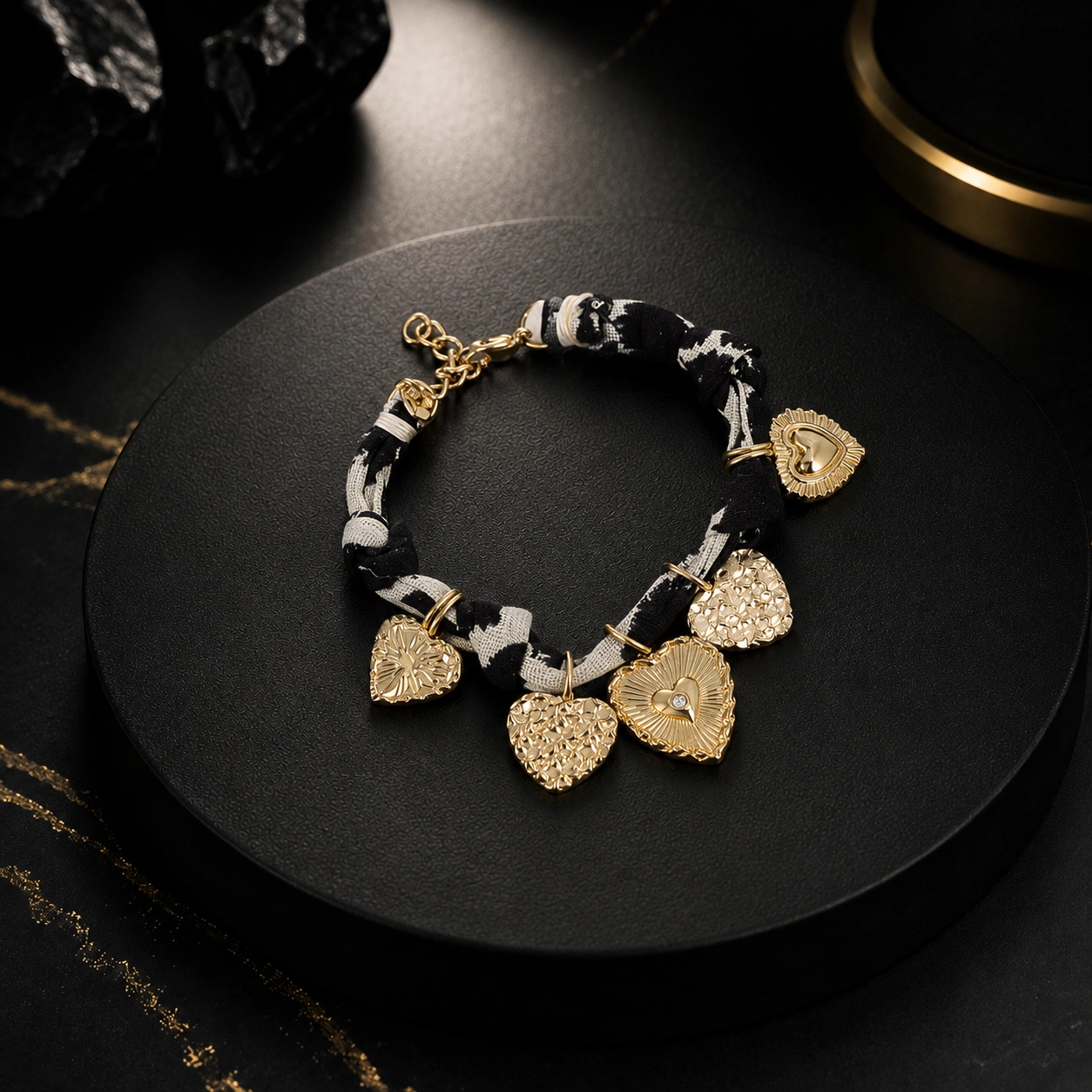 Bracelet Ruban Léopard & Breloques Cœurs (16 + 3 cm)